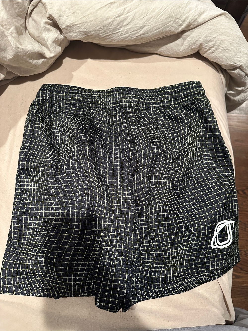 Overtime youth XL Grid Print Athletic Shorts in Black and Light Green